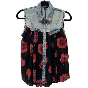 FASHION WEB Mixed Media Denim Sheer Collared Sleeveless Button Blouse, Small